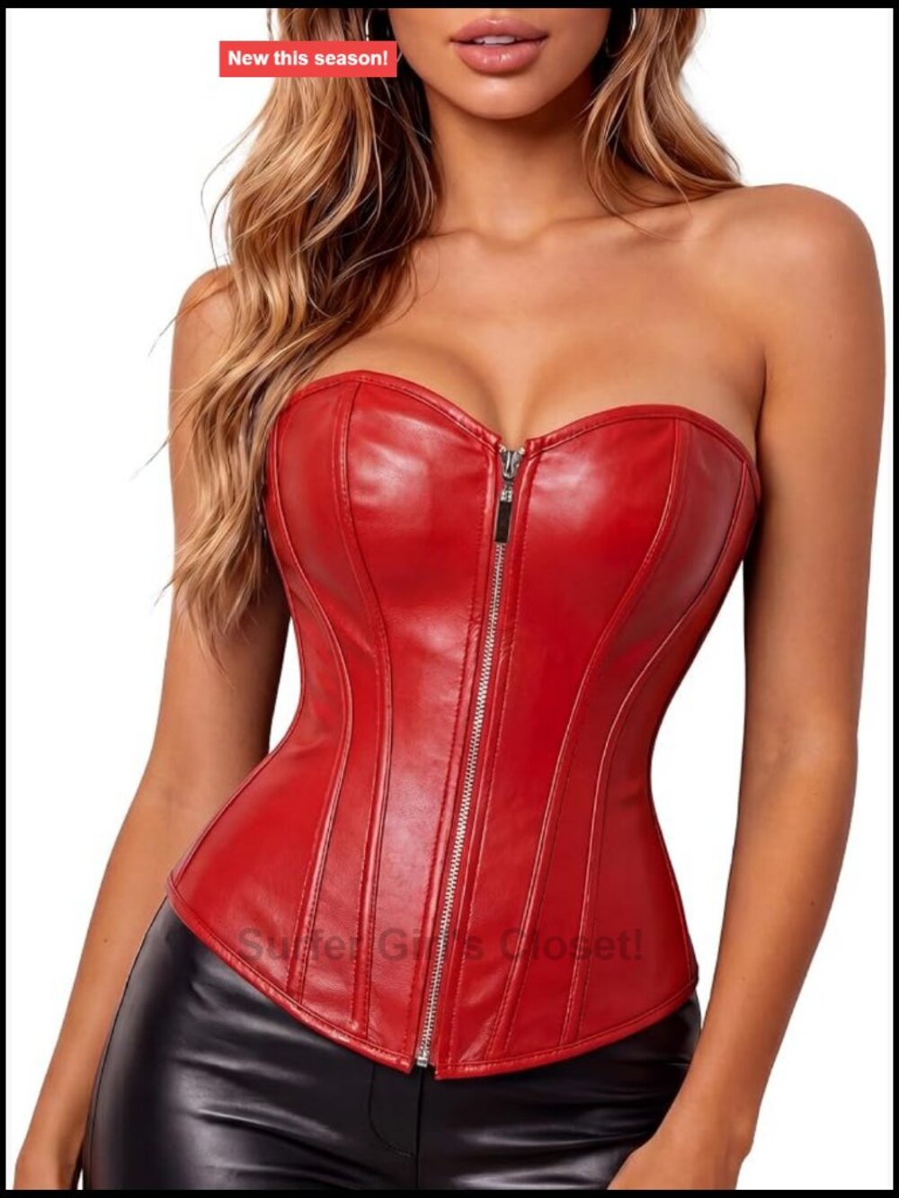 Faux Leather Corset Top Overbust Strapless Front Zip